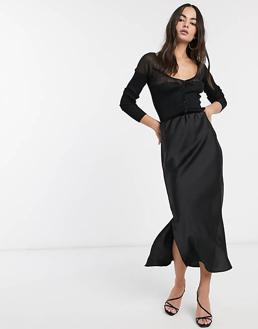 ASOS DESIGN bias cut satin midi skirt with splits in black