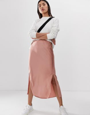 ASOS DESIGN bias cut satin midi skirt with splits-Pink