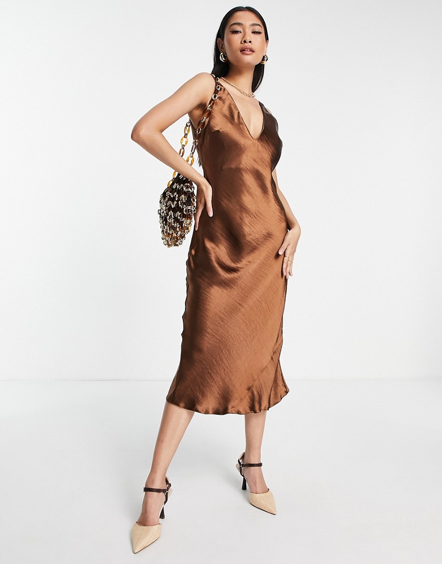 Shop Asos Design Bias Cut Satin Midi Slip Dress With Soft V Neckline Detail In Brown