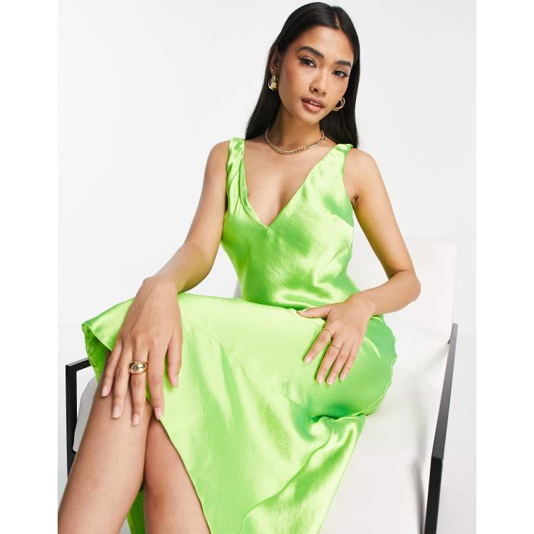 ASOS DESIGN bias cut satin midi slip dress with soft v neckline detail in lime green