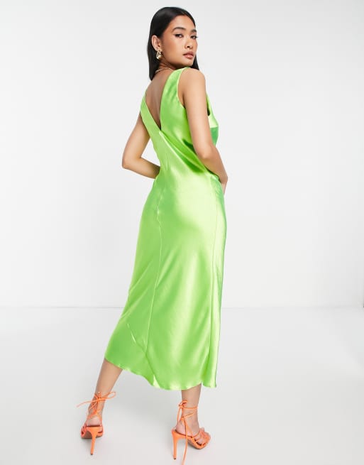 ASOS DESIGN bias cut satin midi slip dress with soft v neckline detail in  lime green