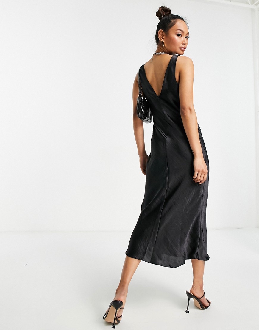 Asos Design Bias Cut Satin Midi Slip Dress With Soft V Neckline Detail-black
