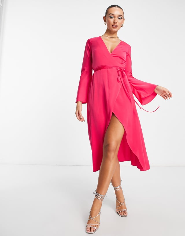 ASOS DESIGN bias cut satin midi wrap dress with tie waist in hot pink