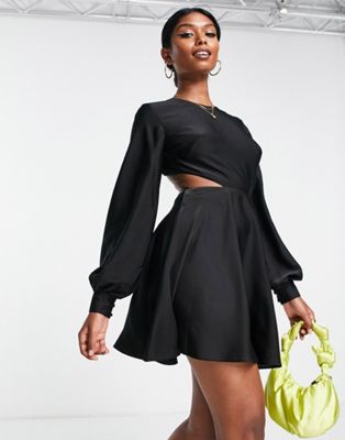 ASOS DESIGN bias cut satin mini dress with cut out waist detail in black | ASOS