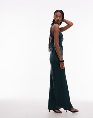 Asos Design Bias Cut Satin Panelled Maxi Dress With Asymmetric Back In Green