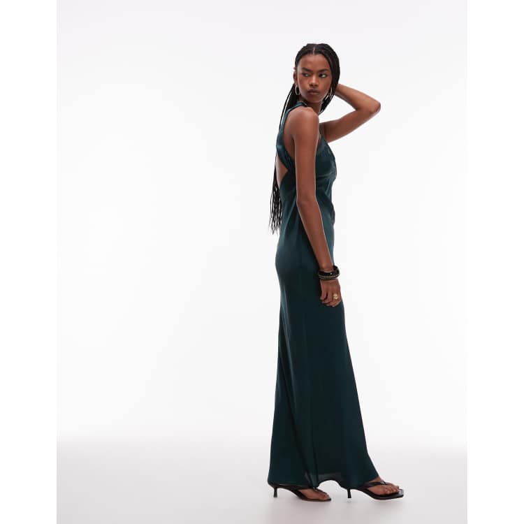 asos design scoop back bias cut satin maxi dress ASOS DESIGN bias cut satin panelled maxi dress with asymmetric back in dark  green