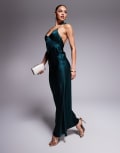 [ASOS DESIGN] ASOS DESIGN bias cut satin panelled maxi dress with asymmetric back in dark green 10 Dark green