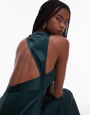 ASOS DESIGN bias cut satin panelled maxi dress with asymmetric back in dark green