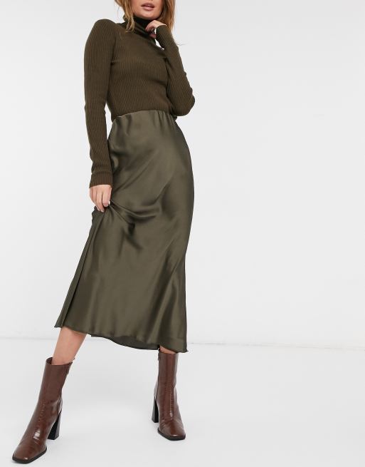 ASOS DESIGN bias cut satin slip midi skirt in khaki ASOS