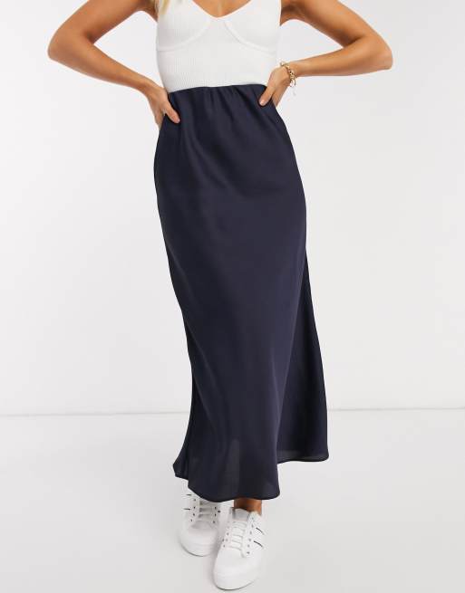 ASOS DESIGN bias cut satin slip midi skirt in navy