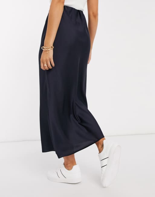 Satin bias cut shop midi skirt navy