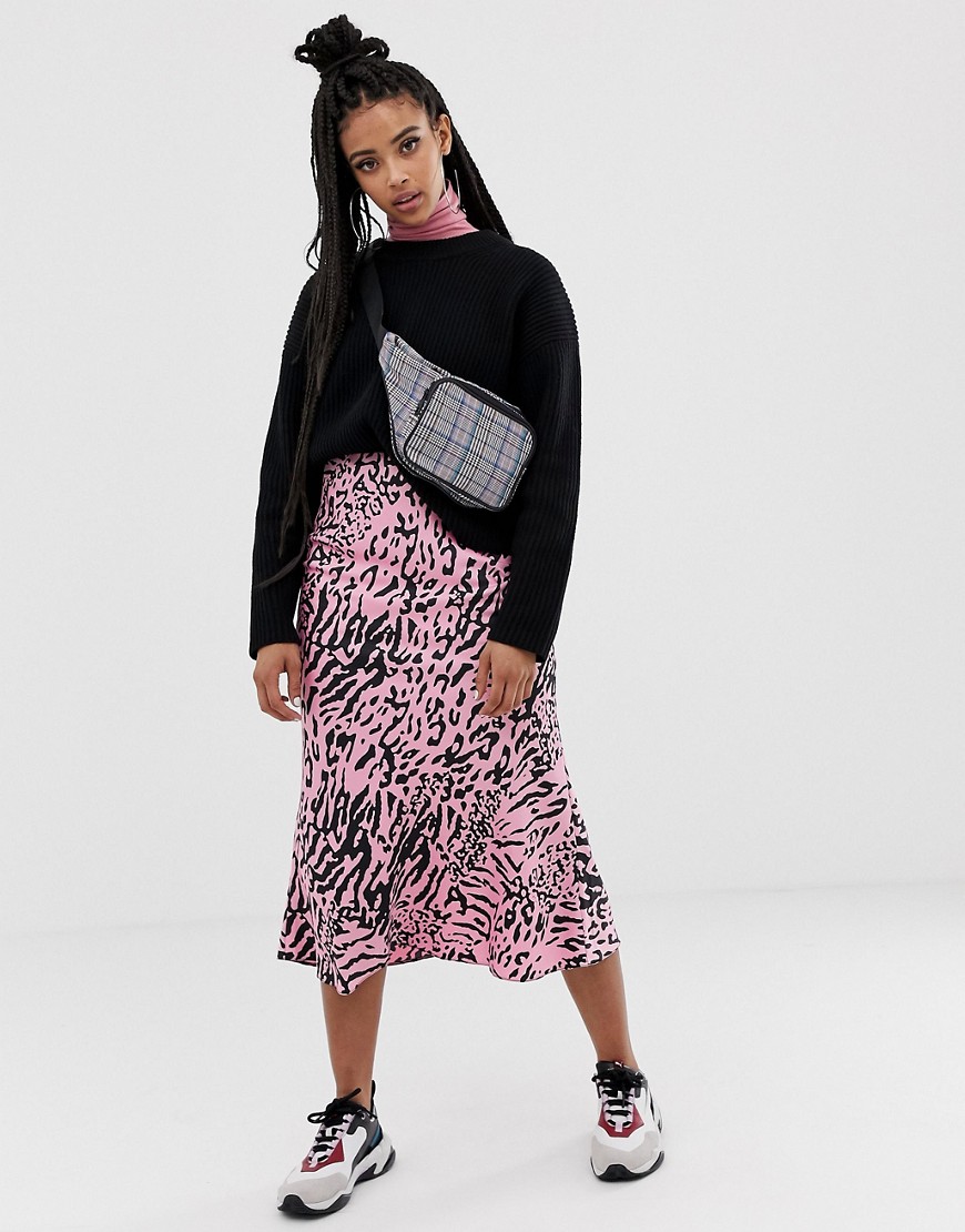 ASOS DESIGN bias cut satin slip midi skirt in pink zebra print-Multi