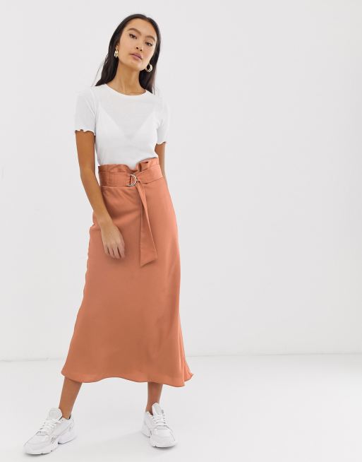 Asos design bias cut store satin slip midi skirt