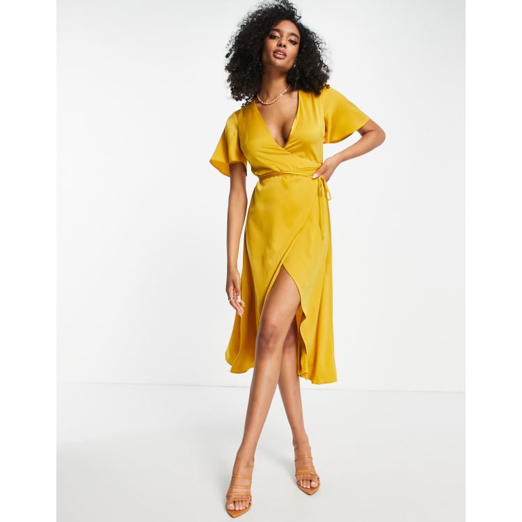 ASOS DESIGN bias cut satin wrap dress with tie waist & flutter sleeve