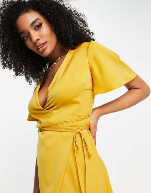 ASOS DESIGN bias cut satin wrap dress with tie waist & flutter