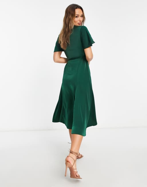 ASOS DESIGN bias cut satin wrap dress with tie waist & flutter sleeve