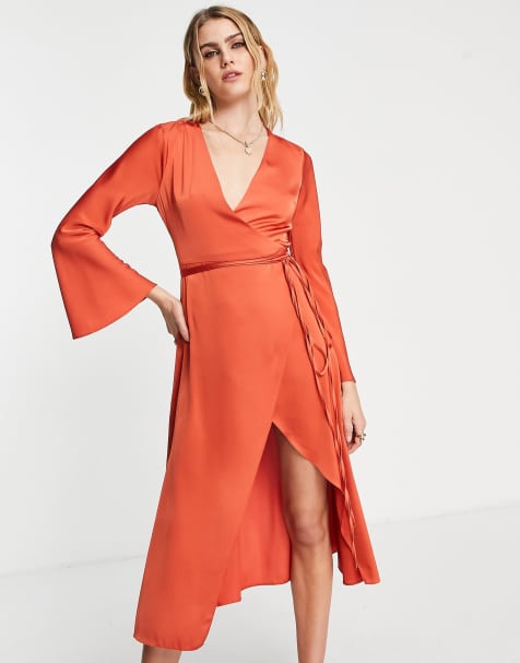 ASOS DESIGN bias cut satin wrap dress with tie waist in rust - view 1
