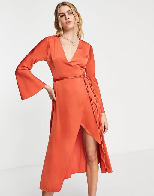 ASOS DESIGN wrap midi dress with tie side in rust