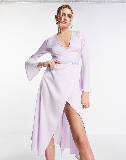 ASOS DESIGN bias cut satin wrap midi dress with tie waist in lilac