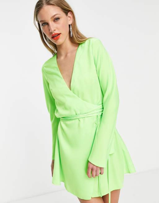 ASOS DESIGN bias cut satin wrap mini dress with tie waist in green