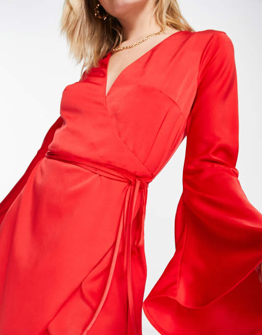 ASOS DESIGN bias cut satin wrap mini dress with tie waist in red