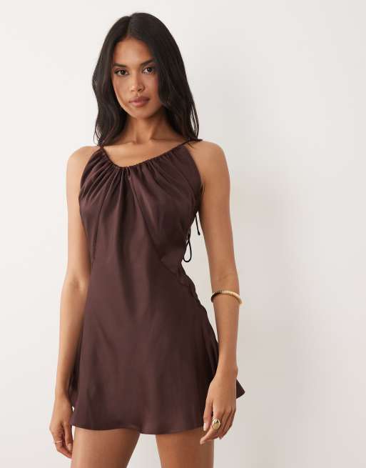 ASOS DESIGN bias cut scoop neck low back satin mini dress in chocolate, 2 of 4