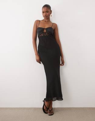 Asos Design Bias Cut Sheer Chiffon Cami Maxi Dress With Satin Bust And Lace Panel In Black