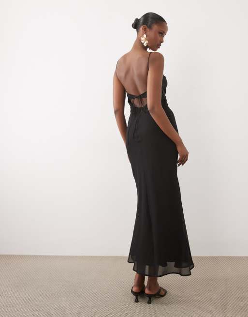 ASOS DESIGN bias cut sheer chiffon cami maxi dress with satin bust and lace panel in black, 3 of 4
