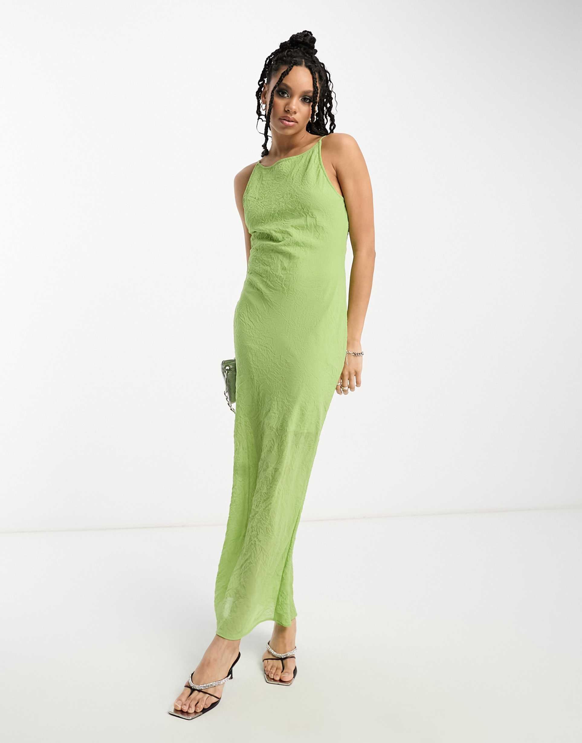 asos design bias cut slip midi dress in green