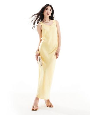 bias cut slip midi dress with ribbed neck in soft yellow