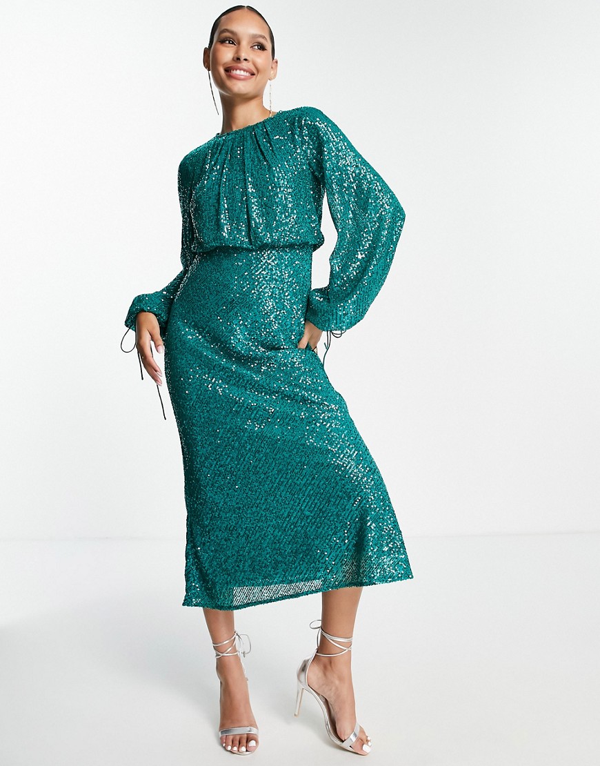 ASOS DESIGN bias embellished midi dress with blouson sleeve and tie detail in green