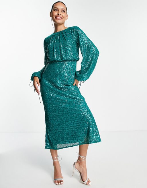 ASOS DESIGN bias embellished midi dress with blouson sleeve and tie ...