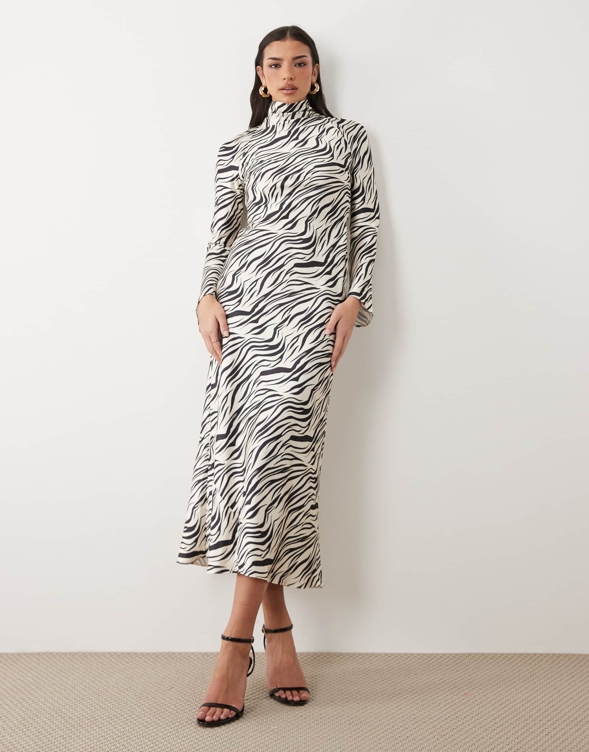 asos design bias high neck maxi dress in zebra print