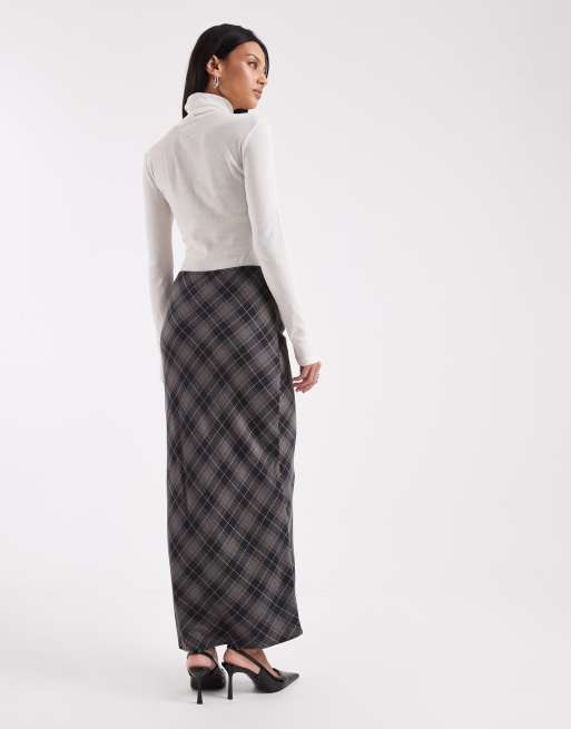 ASOS DESIGN bias maxi skirt in brown brushed check, 4 of 5