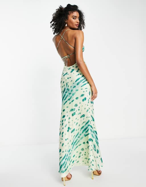 ASOS DESIGN bias maxi slip dress with scoop neck in satin abstract leopard print, 2 of 4