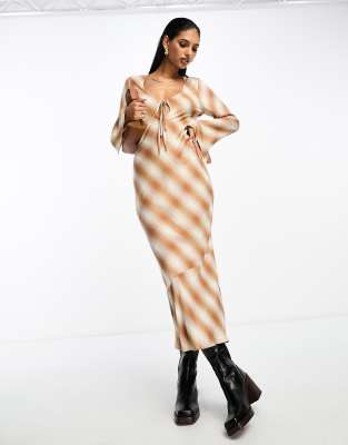 asos design bias midi dress in rust check with keyhole