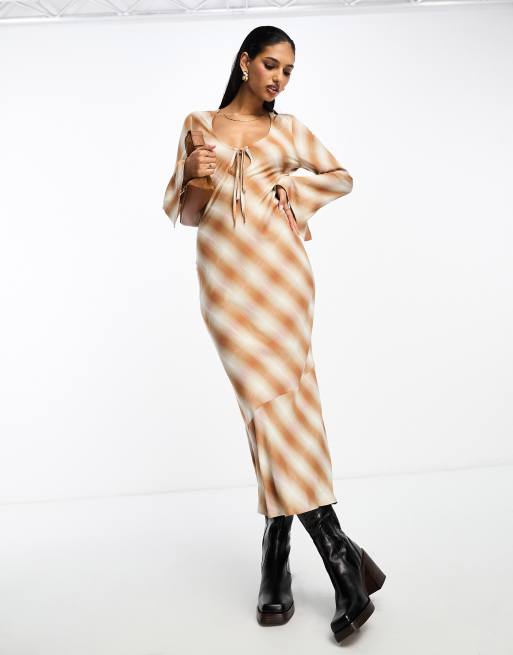 ASOS DESIGN bias midi dress in rust check with keyhole