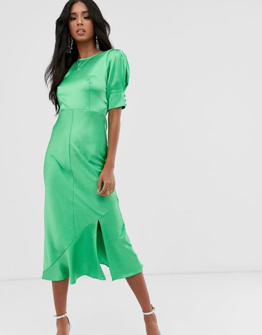 ASOS DESIGN bias midi dress with puff sleeves in satin | ASOS