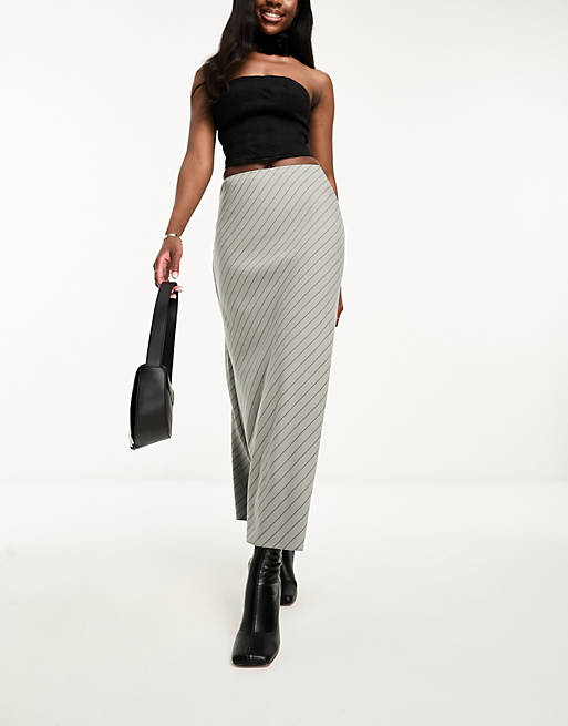 ASOS DESIGN bias midi skirt in grey pinstripe | ASOS