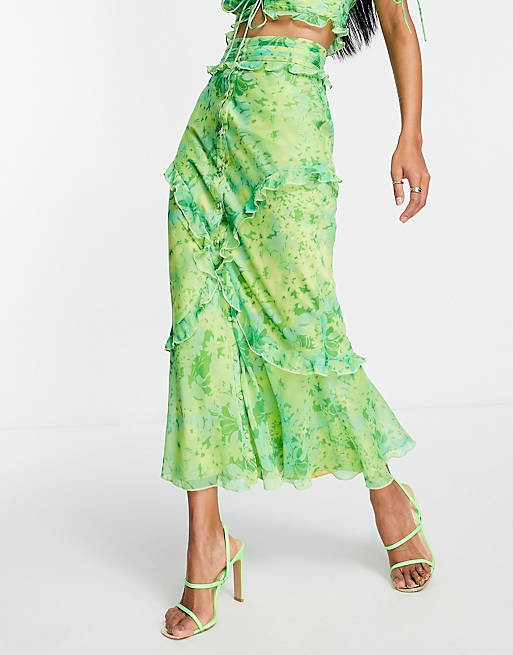ASOS DESIGN bias midi skirt with ruffle and button detail in green floral print - part of a set 
