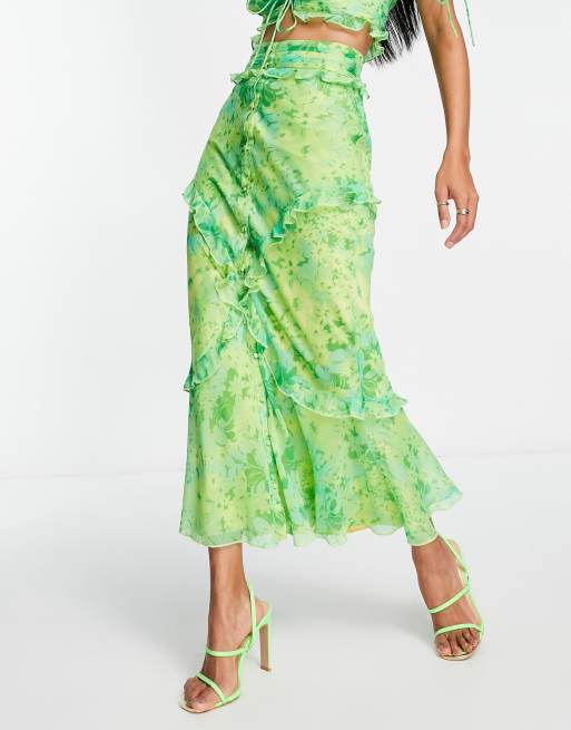 ASOS DESIGN bias midi skirt with ruffle and button detail in green floral print part of a set