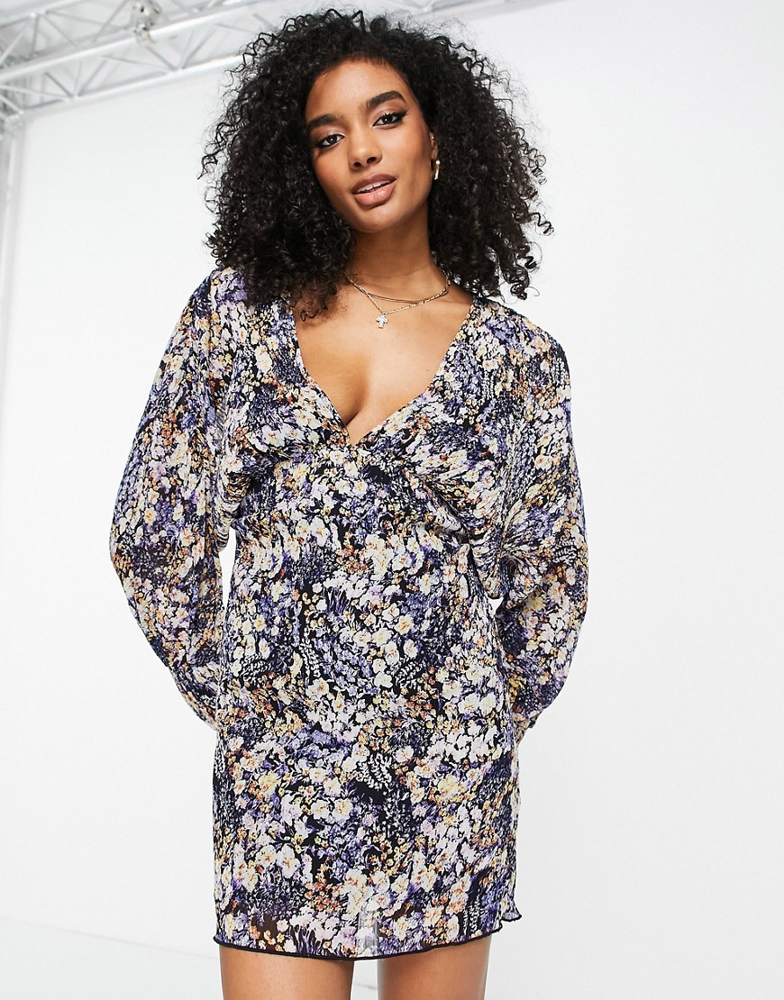 ASOS DESIGN bias plisse mini dress with batwing sleeve in abstract floral-Multi