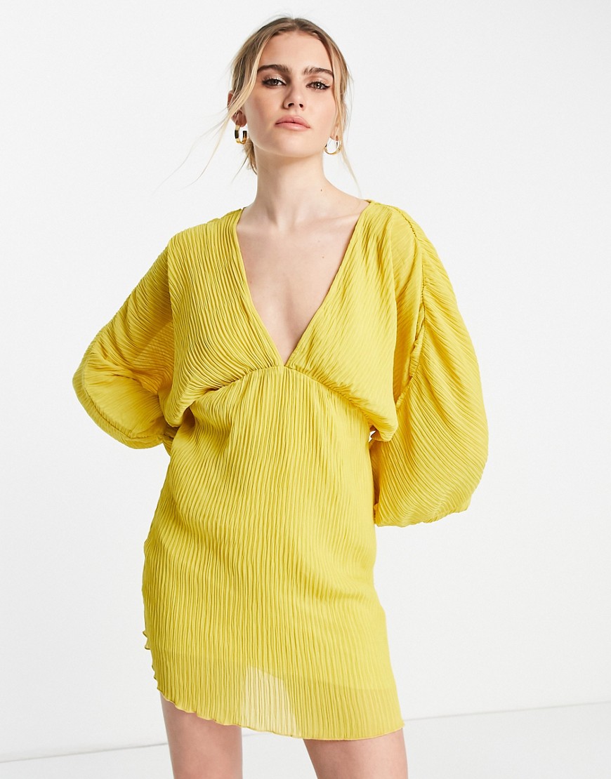 ASOS DESIGN bias plisse mini dress with batwing sleeve in mustard-Yellow