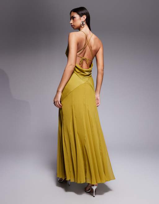 ASOS DESIGN bias plunge bodice maxi dress with godets in olive, 2 of 4
