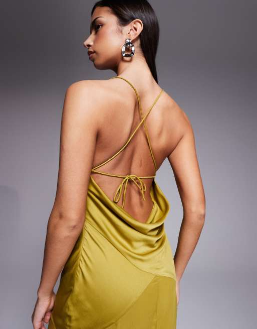 ASOS DESIGN bias plunge bodice maxi dress with godets in olive, 4 of 4