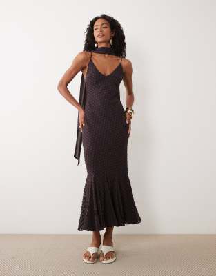 ASOS DESIGN bias plunge cami dress with full godets and scarf detail in chocolate
