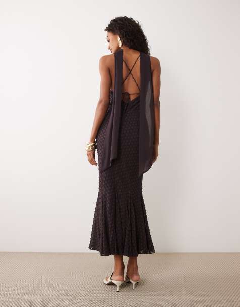 ASOS DESIGN bias plunge cami dress with full godets and scarf detail in chocolate - view 1