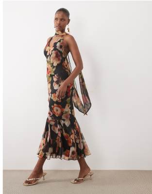 Asos Design Bias Plunge Cami Dress With Full Godets And Scarf Detail In Multi