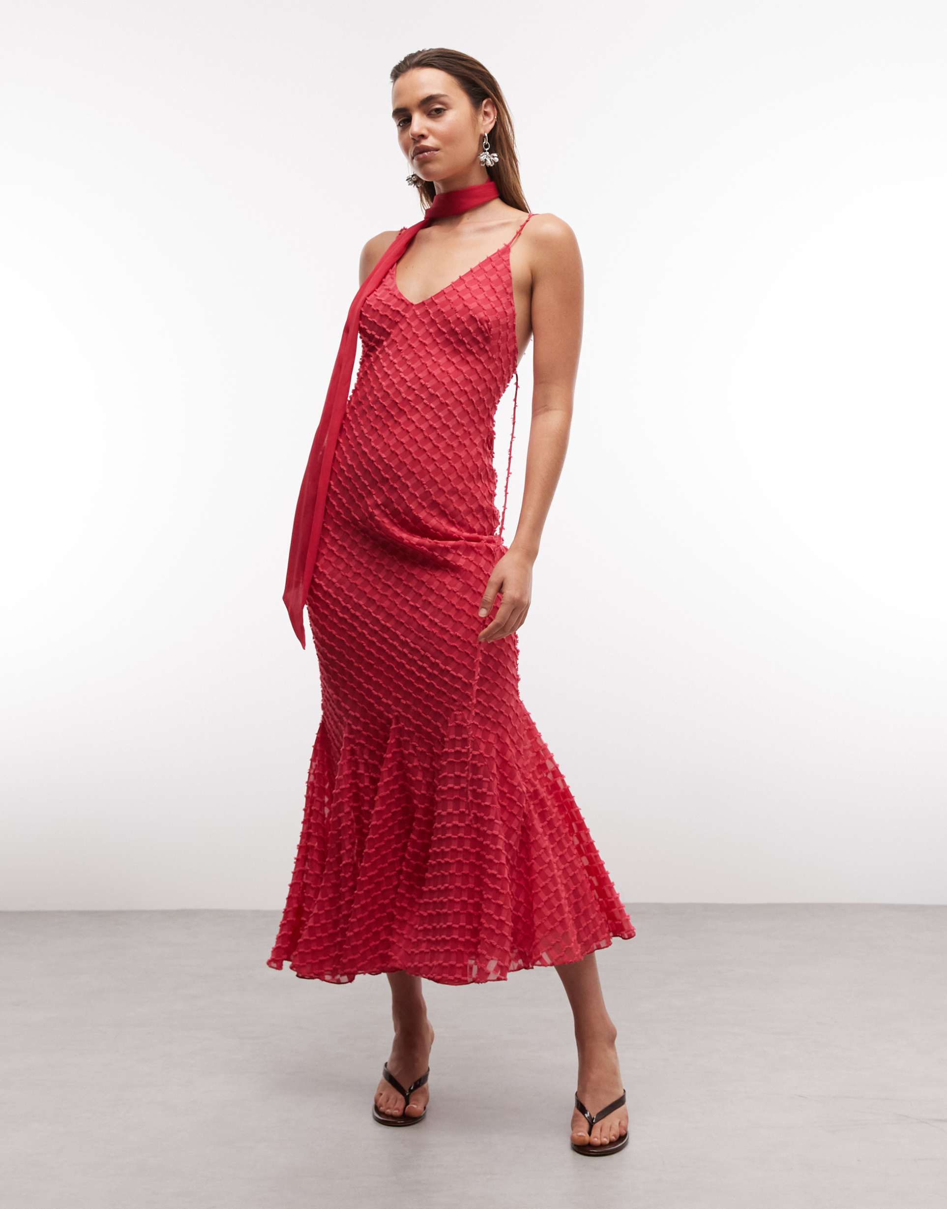 asos design bias plunge cami dress with full godets and scarf detail in magenta