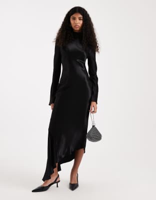 Asos Design Bias Satin Asymmetric Hem Maxi Dress In Black